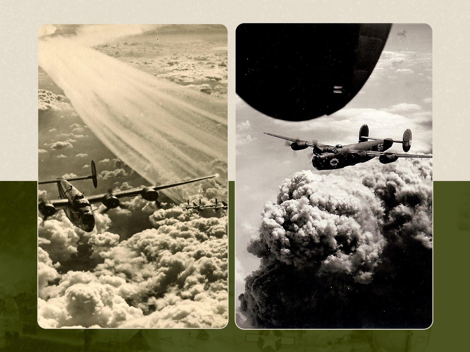 Two archive photographs of B-24 bombers flying above the clouds during the war