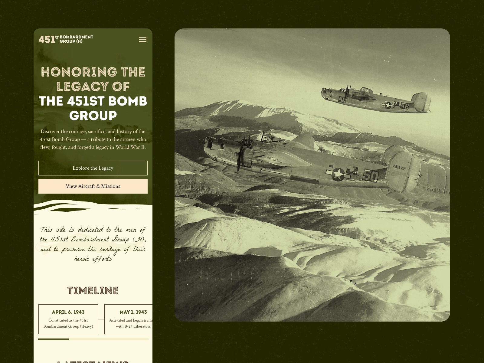 451st.org home page on a phone, next to an archive photo of B-24s over snowy mountains