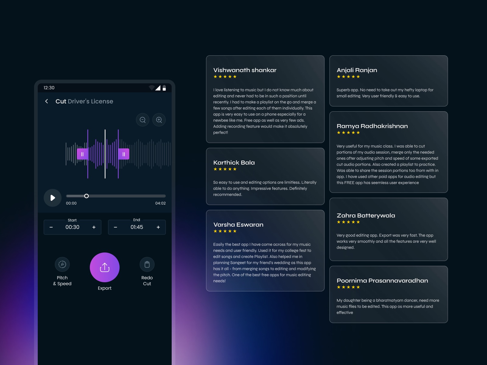 AudioCraft’s audio cutting screen next to five-star reviews from users