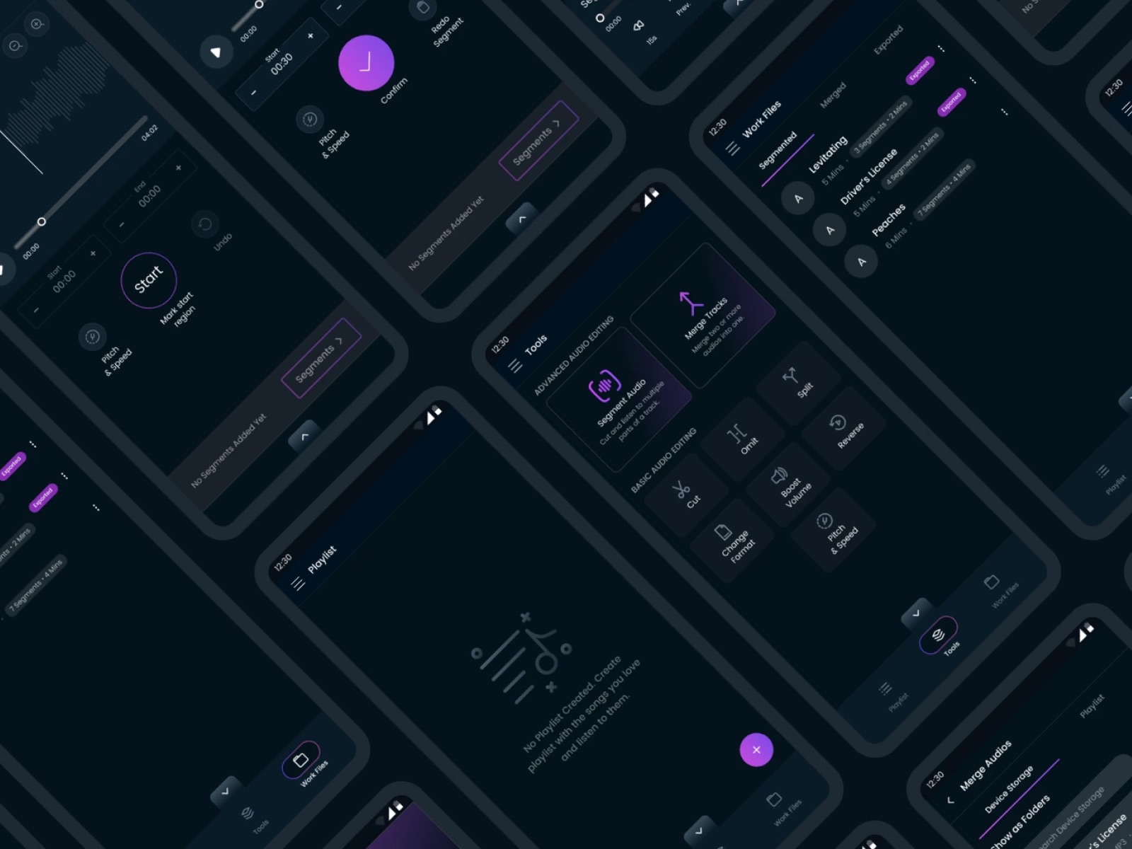 A grid of AudioCraft screens: tools, playlists, work files, merging and segment editing