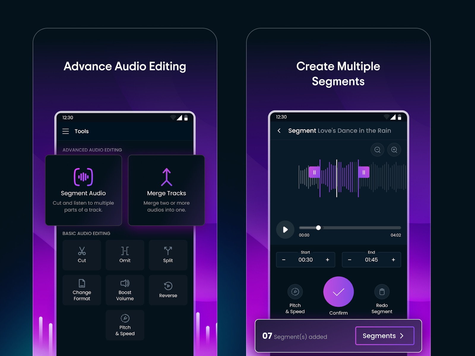 AudioCraft store screens: the audio editing tools, and creating multiple segments