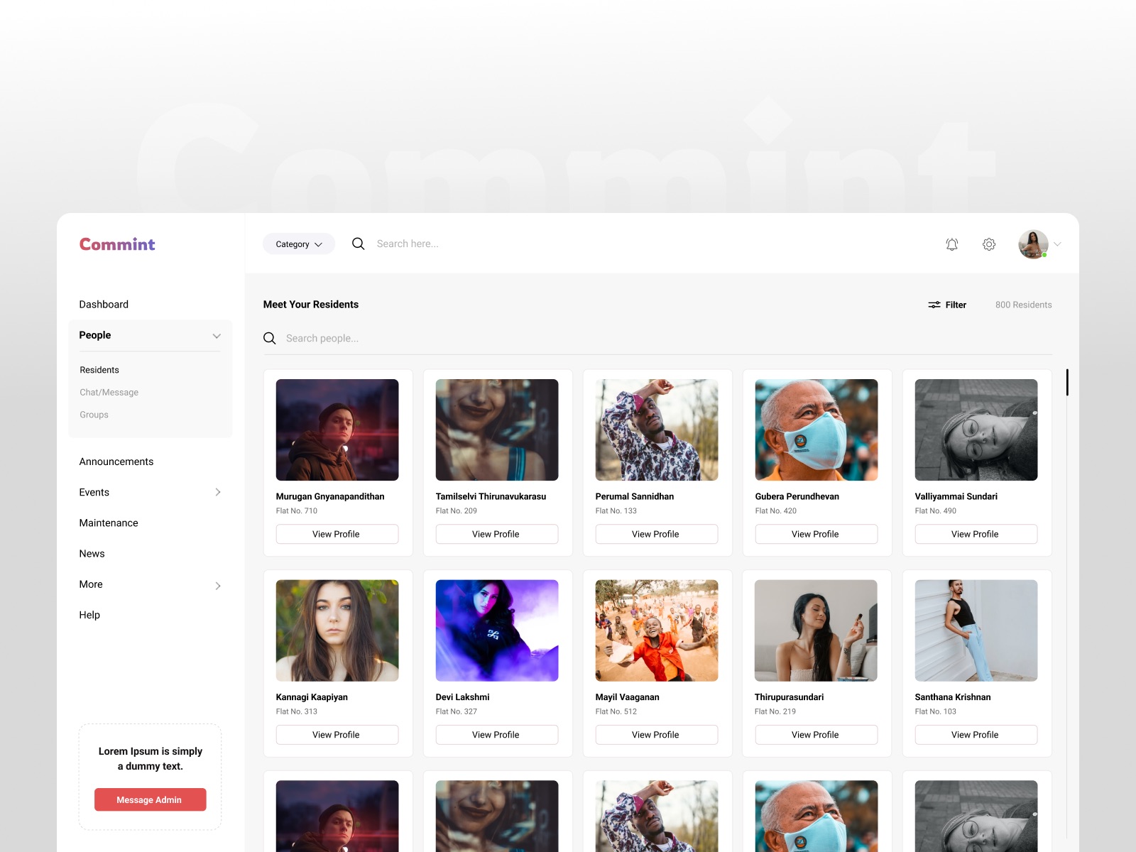 Commint people directory: a grid of resident profiles