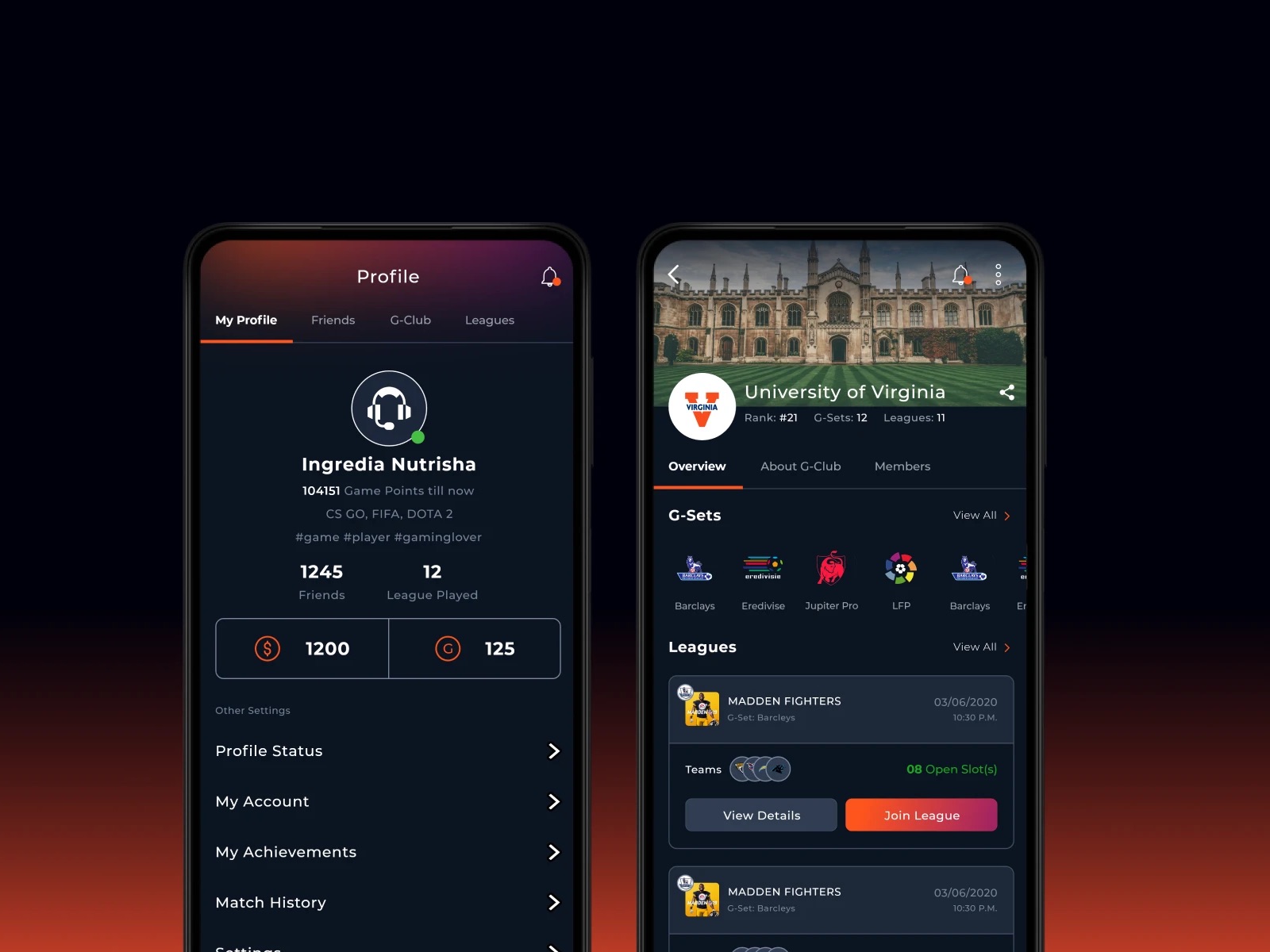 Gaminatics mobile screens: a player profile with coin balances, and a university gaming club