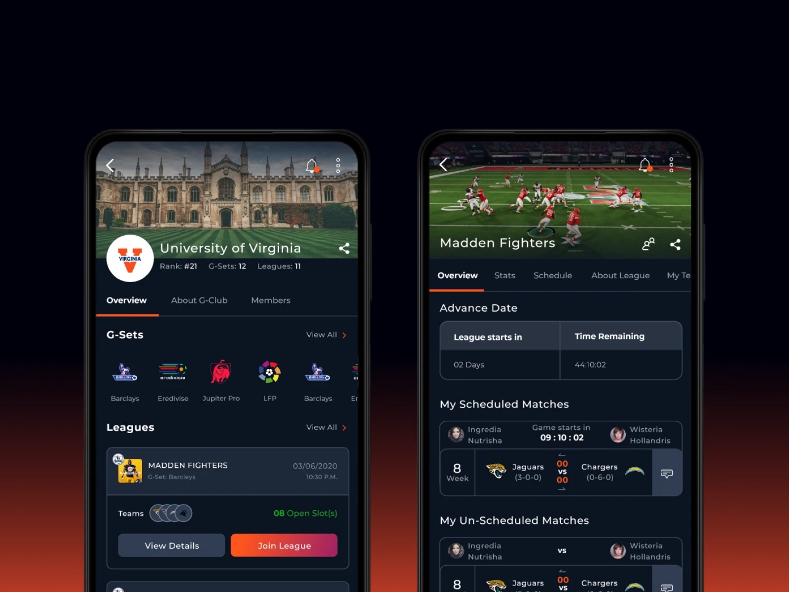 Gaminatics mobile screens: a gaming club’s leagues, and a league’s match schedule