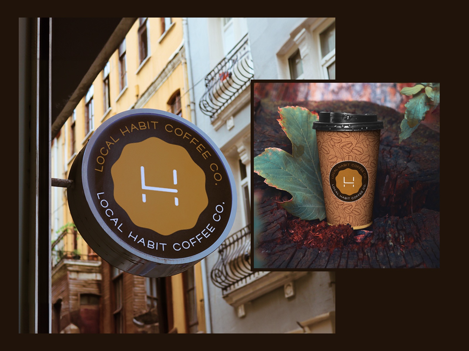 Local Habit logo on a round hanging shop sign and a takeaway coffee cup