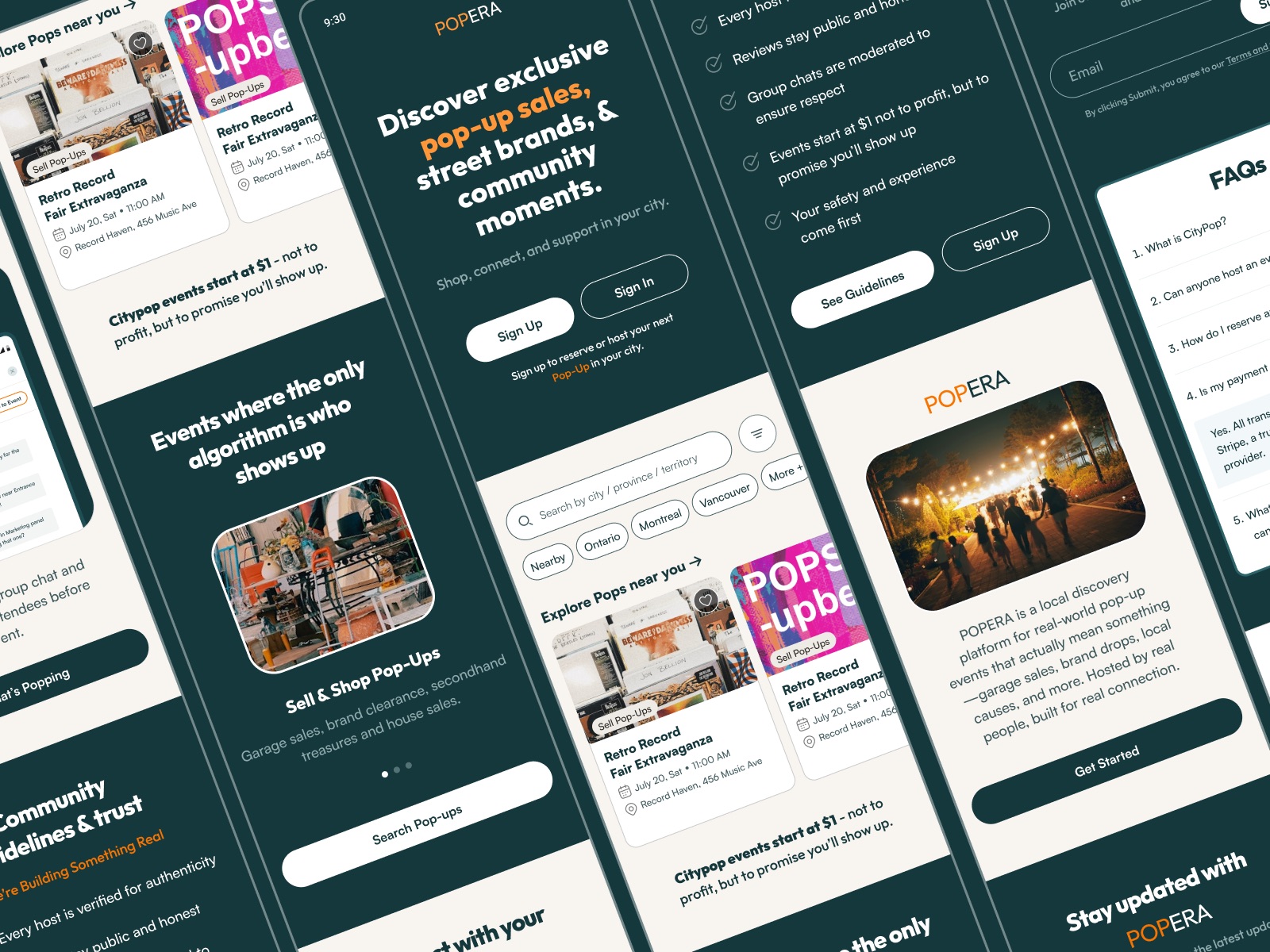Popera marketing website screens: the sign-up hero, pop-up listings, community guidelines and FAQs