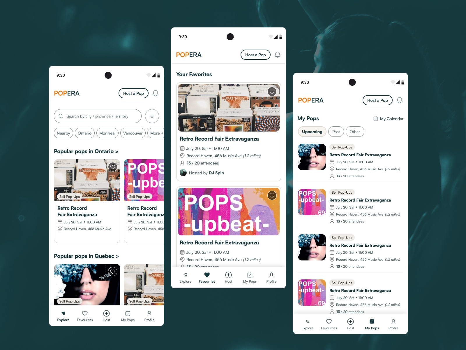 Popera app screens: popular pop-ups by province, saved favourites and the My Pops list