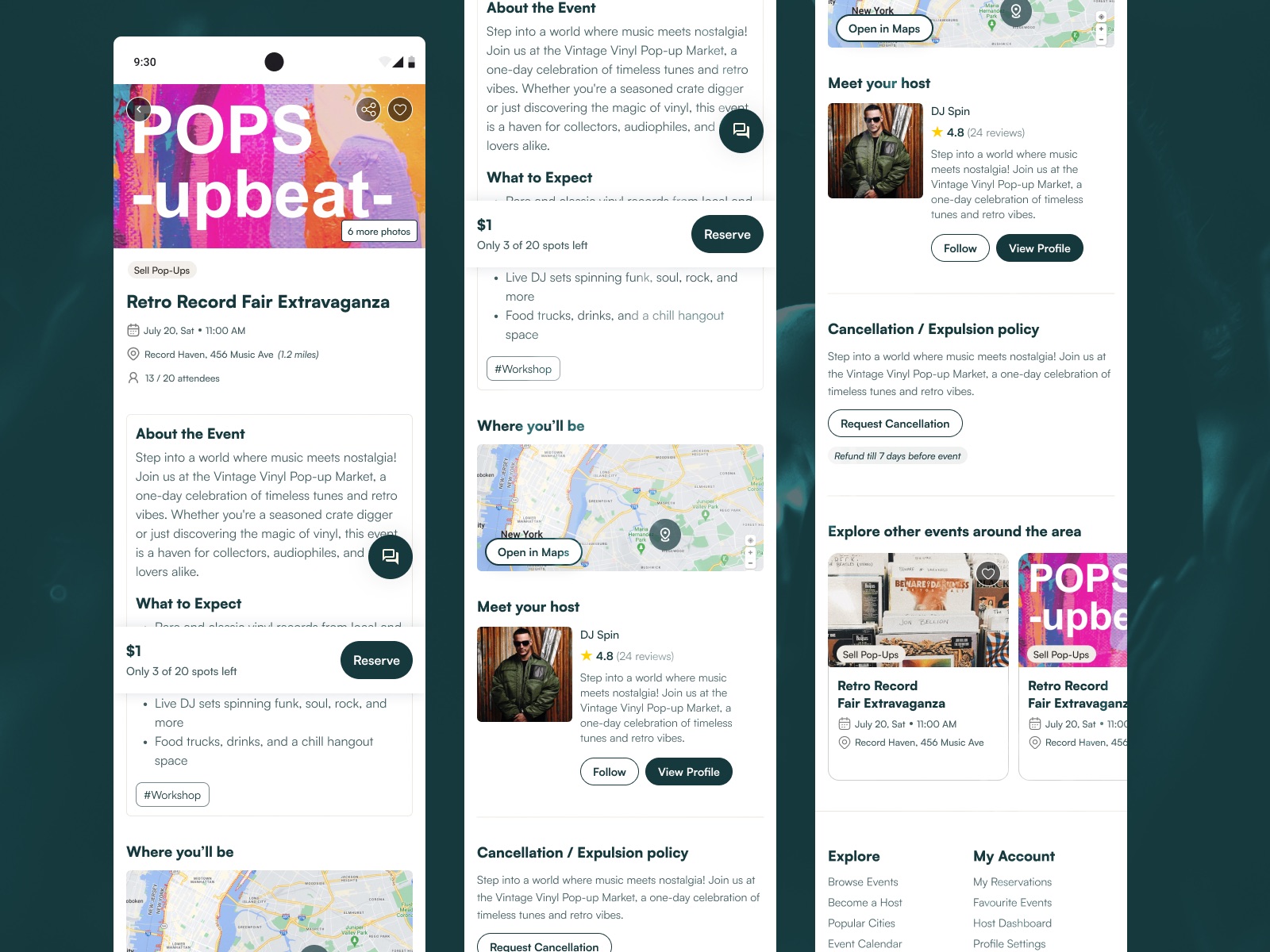 Popera event page: a record fair with $1 booking, a map, the host’s profile and nearby events