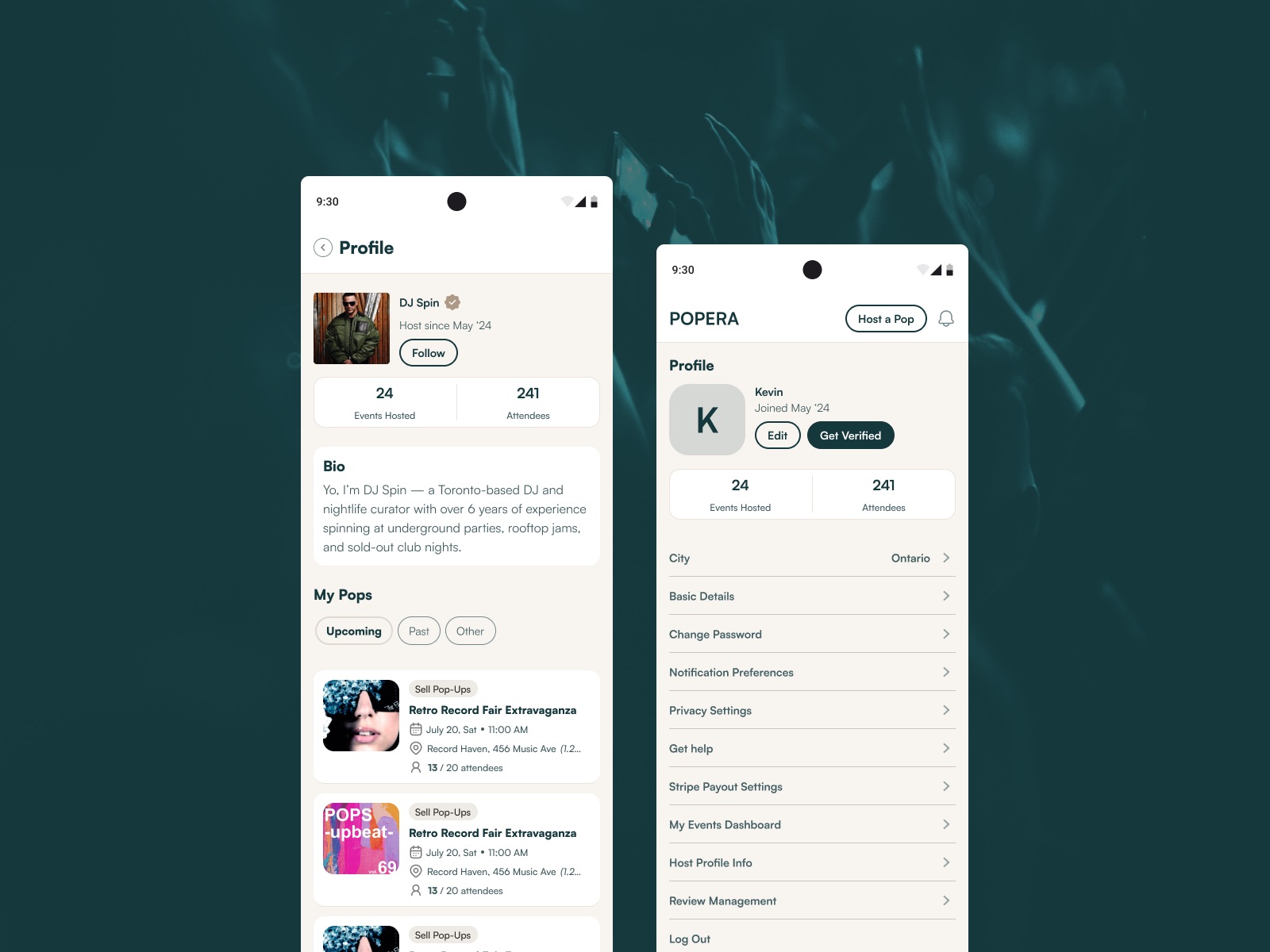Popera profile screens: a host’s public profile and the account settings menu