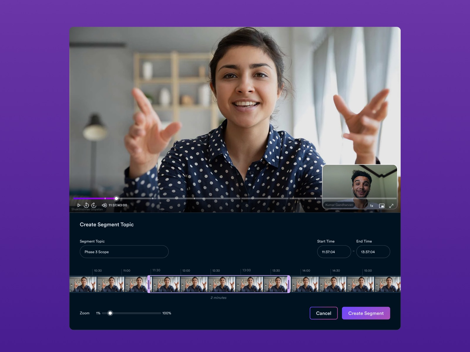 Quickmeet’s segment editor: marking a topic on a recorded meeting’s timeline