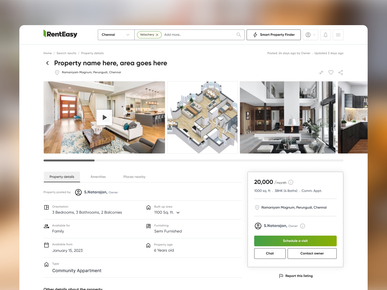 Rent easy property page: photos, a 3D floor plan, the property details and a button to schedule a visit
