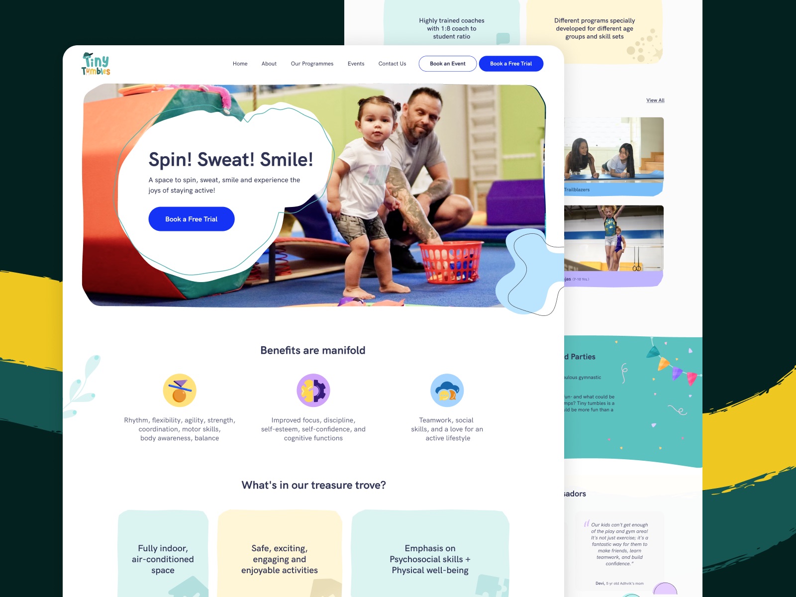Tiny Tumbles website on desktop: the home page hero, the benefits of the classes and what the gym offers