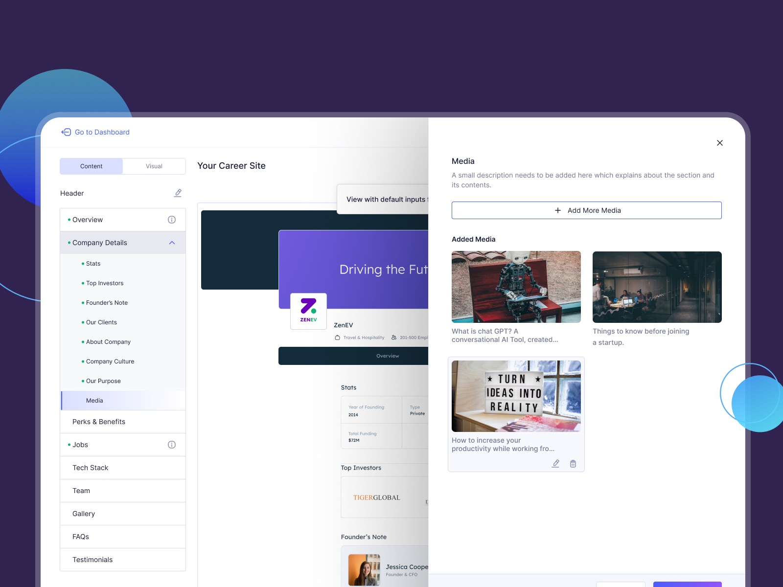 We Are careers page editor: the page sections listed on the left and a media panel open on the right
