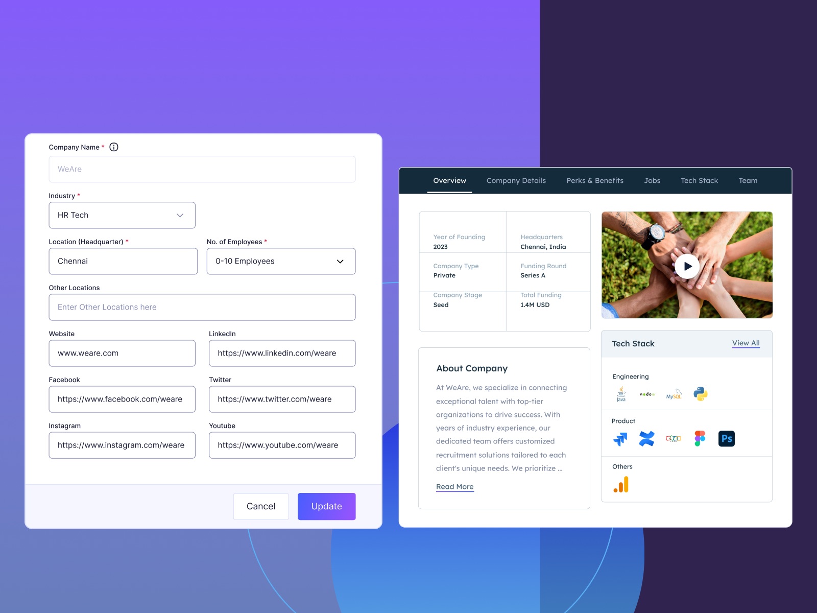 We Are company profile: the details form, and the overview with company facts and tech stack